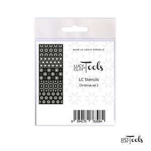 May include: A package of black and white Christmas stencils for crafting. The package is white with a black border and features the text "LC Stencils Christmas set 2" and a barcode.