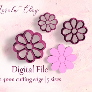 May include: Five pink and burgundy flower-shaped cookie cutters with a 0.4mm cutting edge.  The text "Digital File" and "0.4mm cutting edge | 5 sizes" is below the cookie cutters.