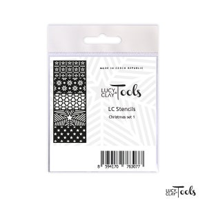 Puede incluir: Un paquete de plantillas de Navidad en blanco y negro para nail art. El paquete es blanco con texto negro que dice "LC Stencils Christmas set 1" y un código de barras. Las plantillas se muestran en la parte delantera del paquete.