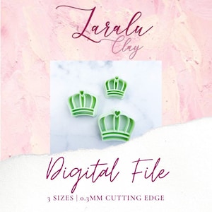 May include: Three green plastic crown-shaped cookie cutters of different sizes. The cutters have a 0.3 mm cutting edge. Digital file.