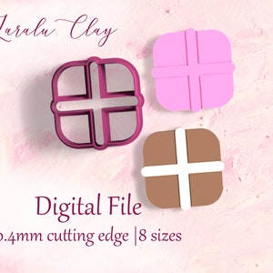 May include: Three digital cookie cutters in the shape of a gift box. The cutters are pink, brown, and purple. The text "Digital File" and "0.4mm cutting edge | 8 sizes" is below the cutters.