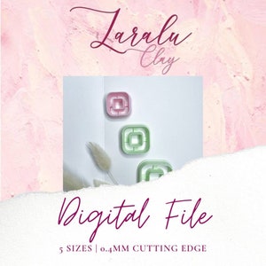 May include: Three square-shaped cookie cutters in pink, green, and light green. The cutters are arranged vertically, with the largest at the bottom and the smallest at the top. The cutters have a 0.4mm cutting edge and are available in five sizes. The text "Digital File" is written below the cutters, and the text "5 SIZES | 0.4MM CUTTING EDGE" is written below that.