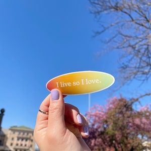 May include: A rainbow gradient oval sticker with the text "I live so I love." The sticker is being held by a hand against a blue sky background.