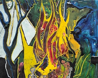 Campfire painting on archival paper, 9x6 original art, rare collectible original