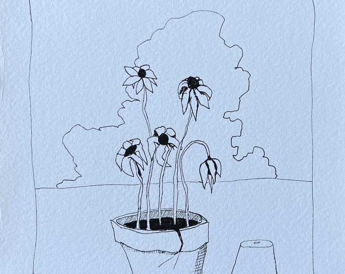 Odd Flowers in Cracked Pot - 6” x 6” ORIGINAL drawing on archival paper