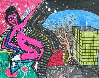 Pink Lady City Dream - 11" x 16" original ink drawing on archival paper - not a copy or print - original pink ladies drawing on paper