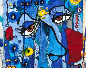 Oh So Blue, Even Hiding in Odd Flowers - 15” x 11” ORIGINAL acrylic painting on archival paper - signed collectible painting