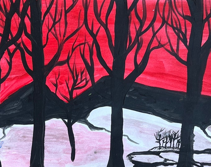 Red Sky, Pink Snow - 9" x 12" ORIGINAL landscape painting - wilderness landscape art - New Hampshire