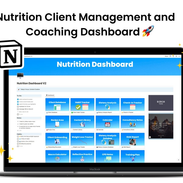 Nutrition Notion Template - Done For You - DFY - Client Dashboard - Online coach - Online course -  Health Coach - Nutritionist