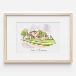 K&ouml;nnte beinhalten: Ein Aquarellbild eines Hauses mit einem gr&uuml;nen Rasen und B&auml;umen. Der Text "Danke f&uuml;r die Erinnerungen" steht unter dem Haus.