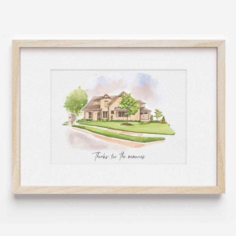 K&ouml;nnte beinhalten: Ein Aquarellbild eines Hauses mit einem gr&uuml;nen Rasen und B&auml;umen. Der Text "Danke f&uuml;r die Erinnerungen" steht unter dem Haus.