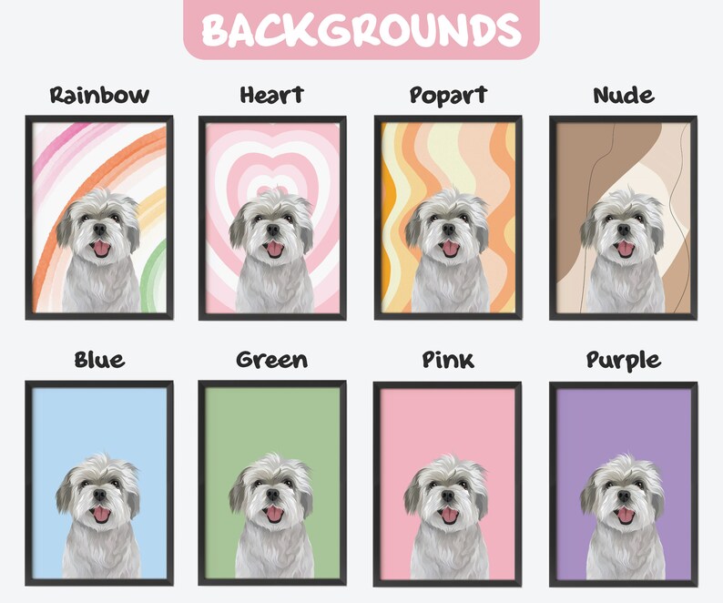 Op de afbeelding: Een digitale illustratie van een hond met verschillende achtergrondkleuren. De hond is wit met grijs haar en heeft een gelukkige uitdrukking. De achtergronden omvatten regenboog, hart, pop art, naakt, blauw, groen, roze en paars.