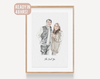 Portrait de couple, portrait de famille, portrait à l'aquarelle, tableau de couple, cadeau pour lui, illustration de couple, cadeau de fiançailles, fête des mères