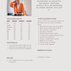 K&ouml;nnte beinhalten: Ein Strickmuster f&uuml;r den Matilda Cardigan, einen grob gestrickten Cardigan mit einer Oversize-Silhouette. Das Muster enth&auml;lt Gr&ouml;&szlig;enangaben von XS bis 5X, Garnvorschl&auml;ge, Materialien und Maschenprobe-Informationen. Das Muster ist nur f&uuml;r den pers&ouml;nlichen, nicht kommerziellen Gebrauch bestimmt.