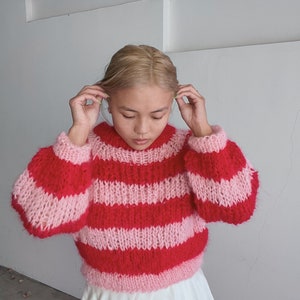 May include: A pink and red striped fuzzy sweater with a loose fit and long sleeves.