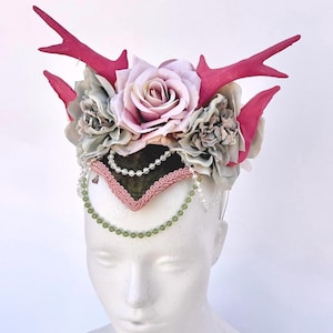 Mystical fairy headpiece with pink horns and flowers, Forest elf