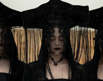 Black lace  veil headpiece face covering