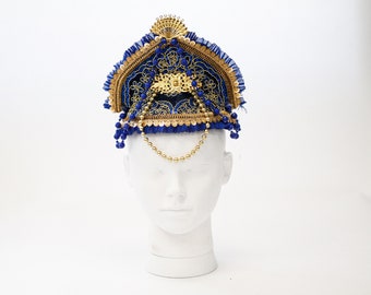 Royal blue and gold headpiece