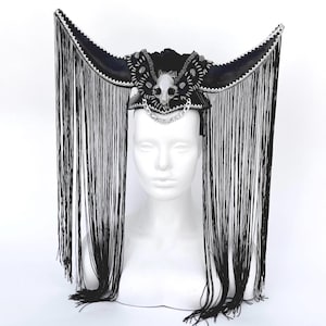 Black and Silver tribal horn headpiece / princess warrior / black ice queen / Faun Horns Cosplay with fringe