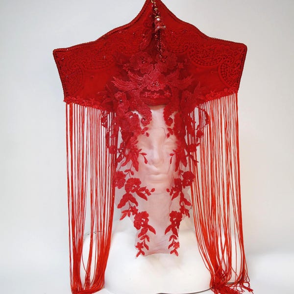 Red lace veil & fringe headpiece