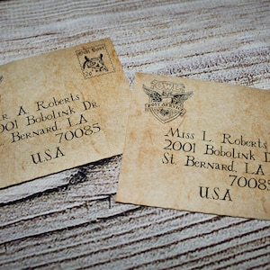 May include: Two vintage-style envelopes with a brown paper texture. Each envelope has a stamp with an owl and the text "Owl Post" and "Post Service". The envelopes are addressed to Mr. A. Roberts and Miss L. Roberts, both at 2001 Bobolink Dr., St. Bernard, LA 70085, USA.
