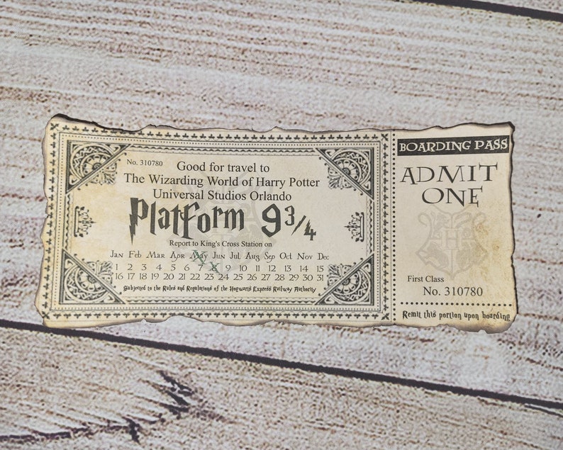 May include: A vintage-style ticket for the Wizarding World of Harry Potter at Universal Studios Orlando. The ticket is labeled "Platform 9 3/4" and has a calendar with the months of the year. The ticket also says "Boarding Pass" and "Admit One".