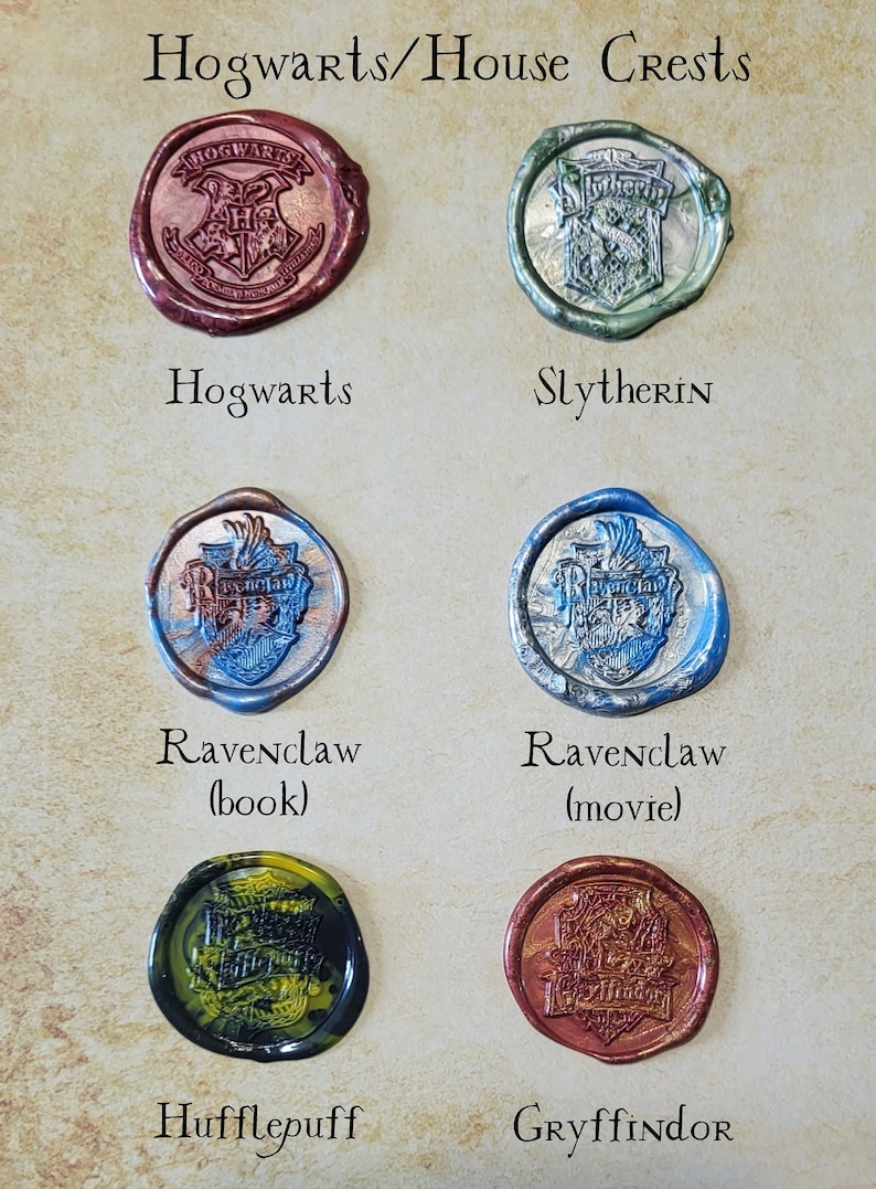 May include: Wax seals with the Hogwarts house crests: Gryffindor, Hufflepuff, Ravenclaw (book and movie versions), Slytherin, and Hogwarts.