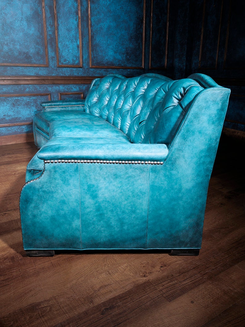 Sky Blue Tufted Leather Sofa Etsy