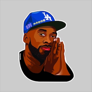 May include: A digital illustration of a person wearing a blue baseball cap with the letters "LA" and the number "824" on it. The person is looking down and has a serious expression on their face.