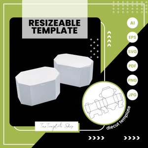 Puede incluir: Una plantilla de caja octogonal blanca con una plantilla de troquelado para crear una caja. La plantilla está etiquetada como "diecut template". La imagen también incluye el texto "RESIZEABLE TEMPLATE" y "Two Template Shop".