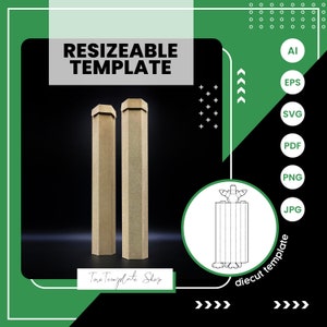 Op de afbeelding: Een stansmal voor een zeshoekige doos. De mal is weergegeven als een zwart-witte lijntekening. De mal is gelabeld met "diecut template". De afbeelding toont ook een bruine kartonnen doos met een zeshoekige vorm. De afbeelding is gelabeld met "RESIZEABLE TEMPLATE".