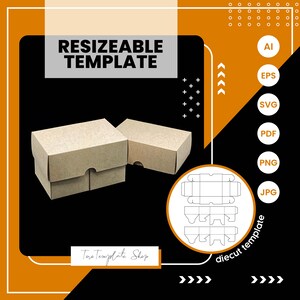 May include: Two rectangular, light brown cardboard boxes with a diecut template. The boxes are stacked and arranged on a black background. Text reads "RESIZEABLE TEMPLATE" and "diecut template". The image also includes file type icons: AI, EPS, SVG, PDF, PNG, and JPG.
