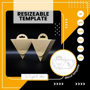 Puede incluir: Una plantilla de troquelado para una caja triangular con un agujero para colgar. La plantilla se muestra en blanco y negro sobre un fondo blanco. La plantilla está etiquetada como "diecut template". La plantilla está disponible en los formatos AI, EPS, SVG, PDF, PNG y JPG.