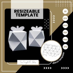 Könnte beinhalten: Eine druckbare Vorlage für eine geometrische Geschenkbox. Die Vorlage wird als Stanzkontur und 3D-Darstellung der zusammengebauten Box gezeigt. Die Box ist weiß und hat ein geometrisches Design. Die Vorlage ist in den Formaten AI, EPS, SVG, PDF, PNG und JPG verfügbar.