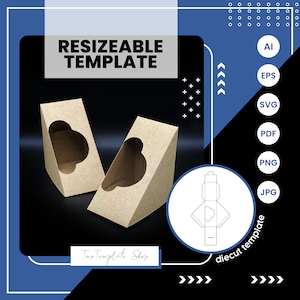 Peut inclure: Un modèle de boîte alimentaire en carton brun avec une fenêtre en forme de cœur. Le modèle est intitulé "RESIZEABLE TEMPLATE" et "diecut template". Le modèle est disponible aux formats AI, EPS, SVG, PDF, PNG et JPG.