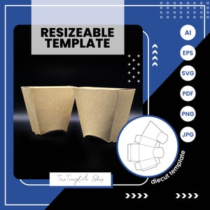 Peut inclure: Un modèle de gobelet en papier brun pour un contenant alimentaire. Le modèle est présenté dans un format découpé avec des lignes de pliage. Le modèle est intitulé "diecut template". L'image montre également deux gobelets en papier brun, ainsi que le texte "RESIZEABLE TEMPLATE" et "Taco Template Shop".
