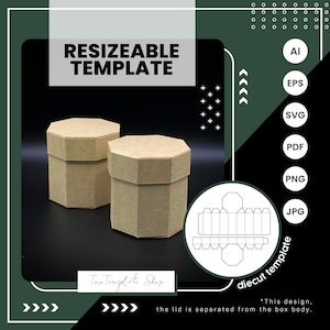 Puede incluir: Una plantilla imprimible para una caja hexagonal con tapa. La plantilla se muestra en un círculo con una caja y una tapa marrones al lado. El texto "diecut template" está escrito en el círculo. El texto "*This design, the lid is separated from the box body." está escrito debajo del círculo.