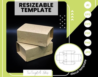 May include: A brown cardboard box template for a small rectangular box. The template is shown in a die-cut view, with the box folded flat. The template is labeled "diecut template".