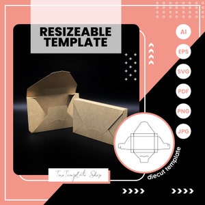 May include: A brown cardboard box template for a small gift box. The template is shown in a die-cut style, with the lines indicating where to fold and cut the cardboard. The template is labeled "diecut template".