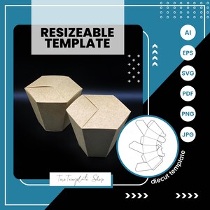 May include: A printable template for a hexagonal takeaway container. The template is shown in a die-cut version and a 3D version. The template is available in AI, EPS, SVG, PDF, PNG, and JPG formats. The text "RESIZEABLE TEMPLATE" is at the top of the image. The text "diecut template" is at the bottom of the image.