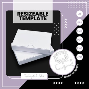May include: A white box template with a die-cut template for a box with a lid. The template is labeled "diecut template". The box template is labeled "RESIZEABLE TEMPLATE". The image also includes the text "Tara Template Shop".