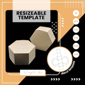 May include: A printable template for a hexagonal box. The template is shown as a die-cut design with fold lines. The template is available in AI, EPS, SVG, PDF, PNG, and JPG formats. The text "RESIZEABLE TEMPLATE" is at the top of the image. The text "diecut template" is at the bottom right of the image.