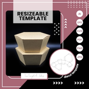 Puede incluir: Una plantilla imprimible para una caja hexagonal con un diseño troquelado. La plantilla se muestra en color marrón y está etiquetada como "PLANTILLA REDIMENSIONABLE". La plantilla está disponible en los formatos AI, EPS, SVG, PDF, PNG y JPG.