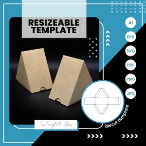 May include: A brown cardboard triangle box template for packaging. The template is shown in a die-cut view and is labelled "diecut template". The template is available in AI, EPS, SVG, PDF, PNG, and JPG formats.