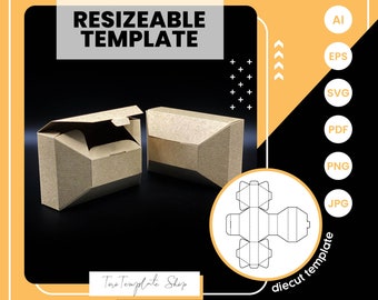 May include: A brown cardboard box with a lid open, showing the inside of the box. The box is on a black background. A die-cut template of the box is shown in a circle on the right side of the image. The text "RESIZEABLE TEMPLATE" is at the top of the image. The text "diecut template" is below the die-cut template. The text "Taro Template Shop" is below the box.
