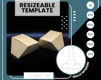 Può includere: Un modello di fustellatura per una scatola triangolare con una patta. Il modello è mostrato in un cerchio bianco su sfondo nero. Il modello è etichettato "diecut template". L'immagine mostra anche due scatole marroni realizzate con il modello. L'immagine è etichettata "RESIZEABLE TEMPLATE".