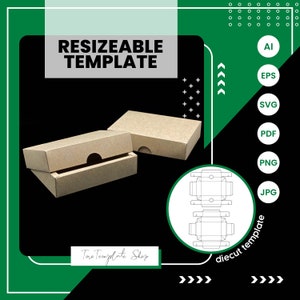 以下が含まれることがあります： 茶色の段ボール箱で、スライド式の蓋が付いています。箱は開いていて、蓋は少し開いています。箱は黒い背景の上にあります。画像には、箱のダイカットテンプレートも含まれており、円の中に表示されています。テンプレートには「diecut template」というラベルが付いています。画像には、「RESIZEABLE TEMPLATE」と「Tara Template Shop」というテキストも含まれています。