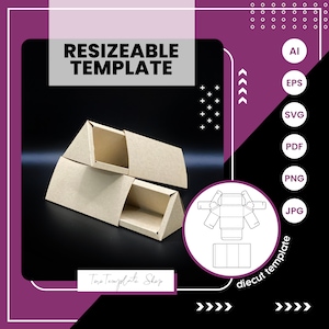 Puede incluir: Una plantilla de troquelado para una caja triangular con tapa deslizante. La plantilla se muestra en un color de cartón marrón. La plantilla está etiquetada como "diecut template" e incluye los formatos de archivo AI, EPS, SVG, PDF, PNG y JPG.