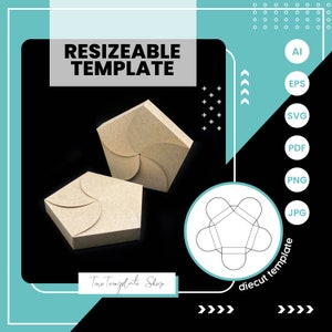 May include: A die-cut template for a five-sided box. The template is shown in a circle with a brown box folded to show the shape of the box. The text "RESIZEABLE TEMPLATE" is at the top of the image. The text "diecut template" is at the bottom of the image.