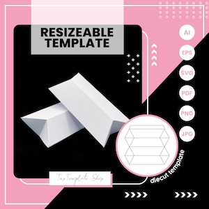 Può includere: Un modello di fustellatura per una scatola esagonale. Il modello è mostrato in linee nere su sfondo bianco. Il modello è etichettato come "diecut template". L'immagine mostra anche un rendering 3D della scatola in bianco su sfondo nero. L'immagine è etichettata come "RESIZEABLE TEMPLATE" e "Tara Template Shop".